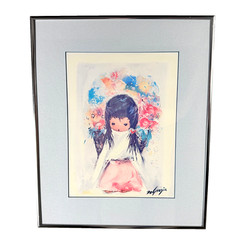 DeGrazia Flower Girl Print Vintage Southwestern Fine Art Silver Metal Frame MCM