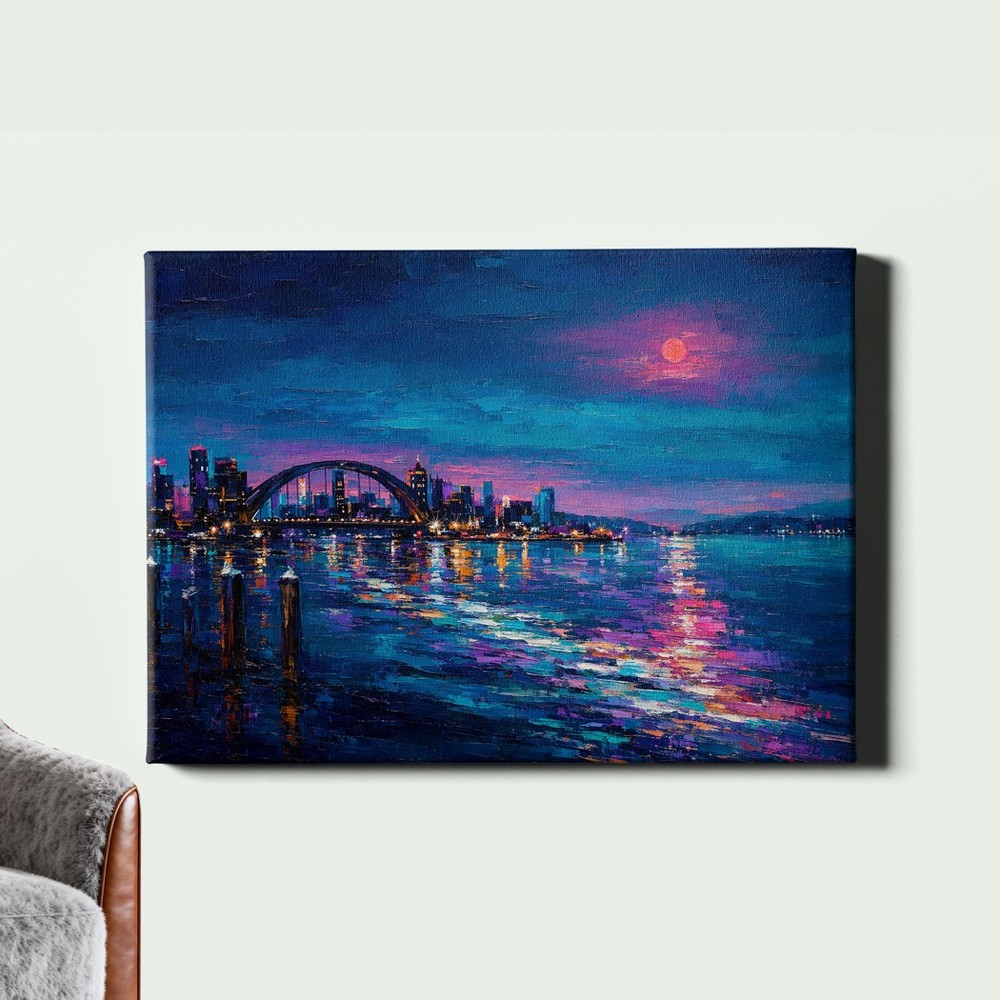 Abstract harbor night skyline with arched bridge Poster Print moody city scene