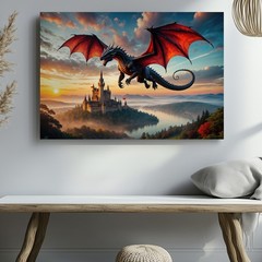 Majestic Black Dragon With Crimson Wings Soars Through A Vibrant Sunset Wall Art