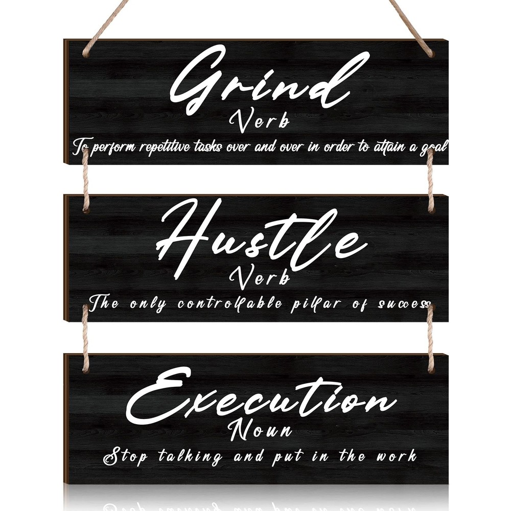 Wooden Home Office Decor Wall Art Success Quote, Grind Hustle Execution Motiv…