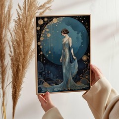 Flapper Girl Art Deco Print 1920s Moon and Stars Vintage Wall Art Poster