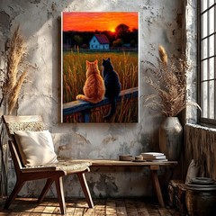 Wall Art Cats on Fence Sunset Country Farmhouse Field Landscape Canvas Print