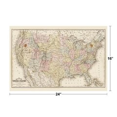 United States of America 1867 Antique Style Map Travel World Map with Cities in
