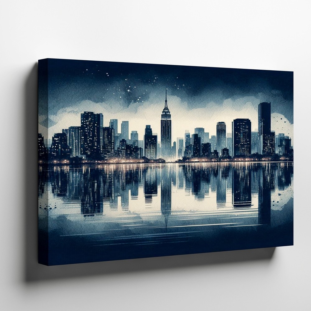 Modern city skyline at night with water reflection canvas wall art print decor