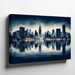 Modern city skyline at night with water reflection canvas wall art print decor