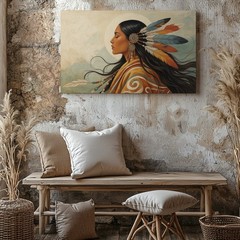 Native American Woman Profile Feather Headdress Modern Canvas Wall Art Print