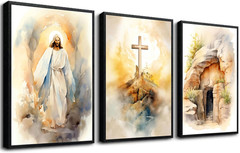 3Pcs Jesus Canvas Wall Art Bible Stories Wall Decor God Resurrection Ascension P