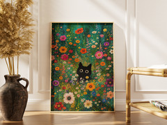 Cute Black Cat Wildflower Poster – Colorful Floral Garden Wall Art Decor Print
