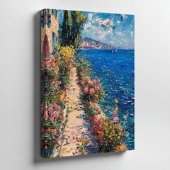 Coastal Pathway Canvas Wall Art Mediterranean Sea View Floral Garden Painting