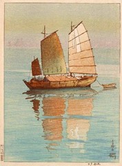 Sailboat Evening Glow Hiroshi Yoshida Japanese Harbor Sunset Print – 1921 Print