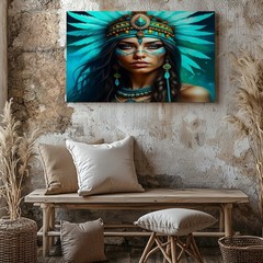 Native American Woman with Turquoise Feather Headdress Canvas Wall Art Print