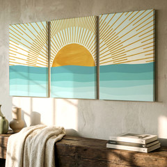 3 Pieces Sunrise Over Ocean Abstract Warm Large Wall Art for Living Set Of 3