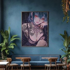 Cyberpunk Anime Girl Poster, Gothic Red Eyes Manga Art, Black White Wall Decor