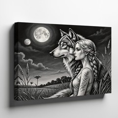 Mystical Woman and Wolf Moonlight Black & White Canvas Wall Art Decor Wall Decor