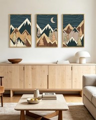 Morden Mountains Framed Wall Art 16x24in Boho Woodcut Pine Tree Forest Nature…