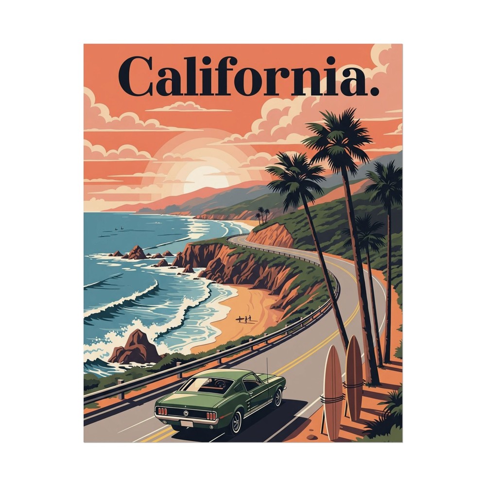 Ford Mustang Fastback Poster – California Sunset Wall Art Print, Garage Decor