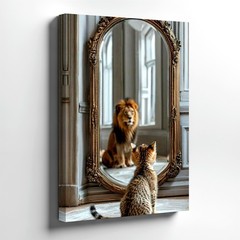 Wall Art Cat Looking in Mirror Lion Reflection Print Vintage Animal Decor 16×24