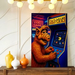 Wall Art Retro Arcade Game Alien Character Playing Video Game Neon Poster Print
