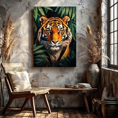 Canvas Tiger Face Portrait Jungle Leaves Wildlife Animal Home Gallery Print