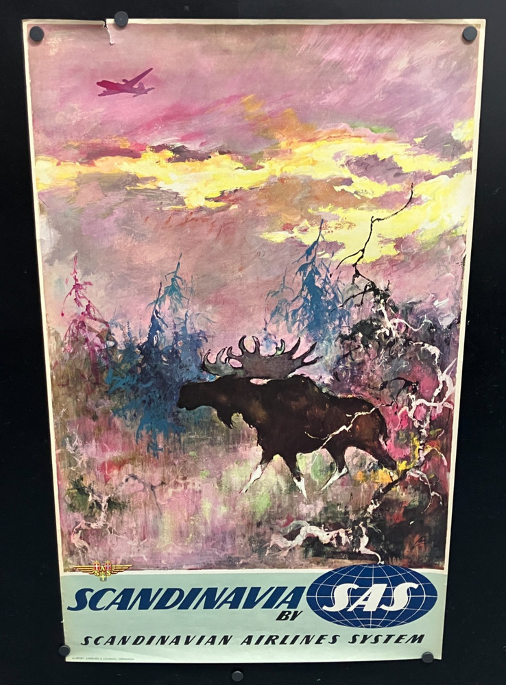 original c. 1950s SCANDINAVIA by SAS Scandinavian Airlines w/ Moose 24×39 Poster