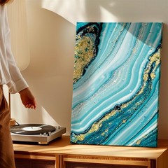 Wall Art Abstract Blue Teal Marble Agate Geode Pattern with Gold Foil Decor