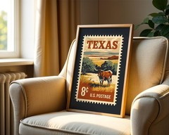 Texas Longhorn Vintage Stamp Canvas Print, Retro Western Ranch Wall Art Decor