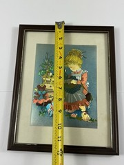 Vintage Christmas Foil Art Print Girl Teddy Bear Cat Framed Holiday Wall Decor