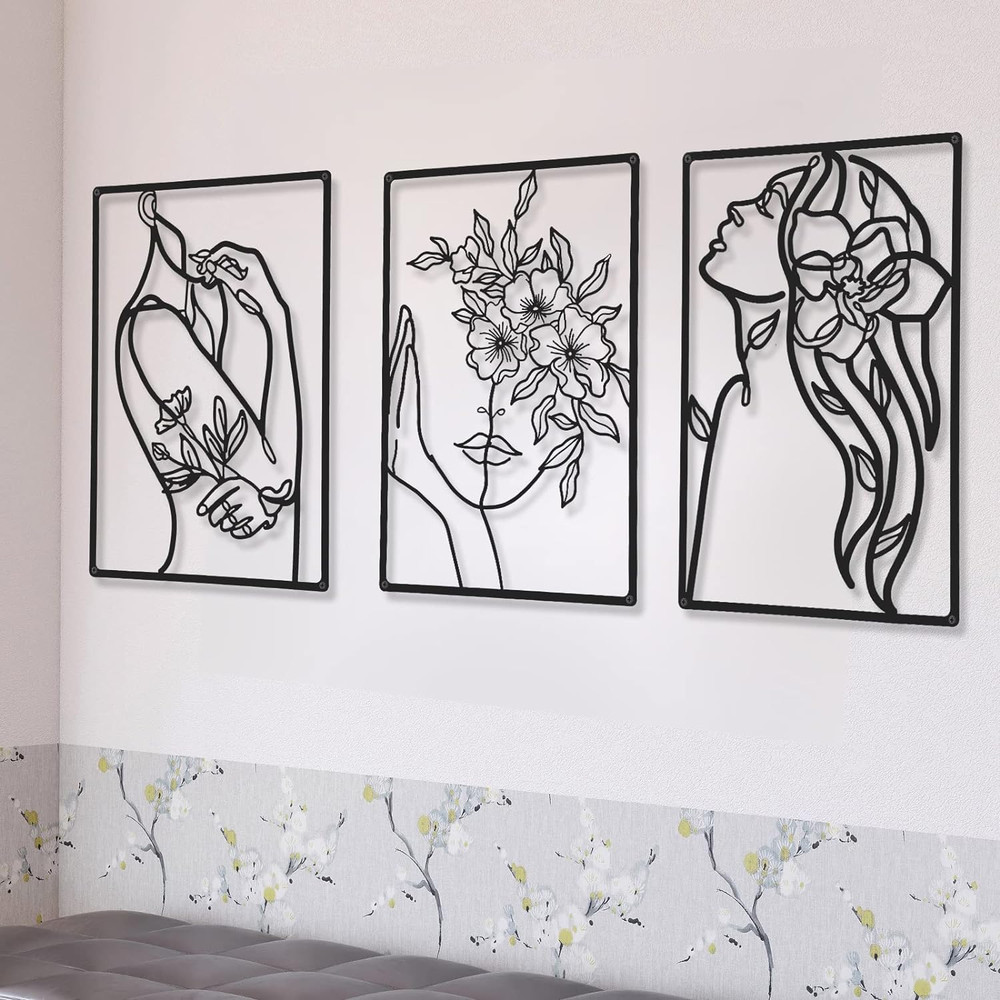 CHENGU 3 Pieces Minimalist Metal Wall Art Decor, Abstract Woman Line Art Wall De