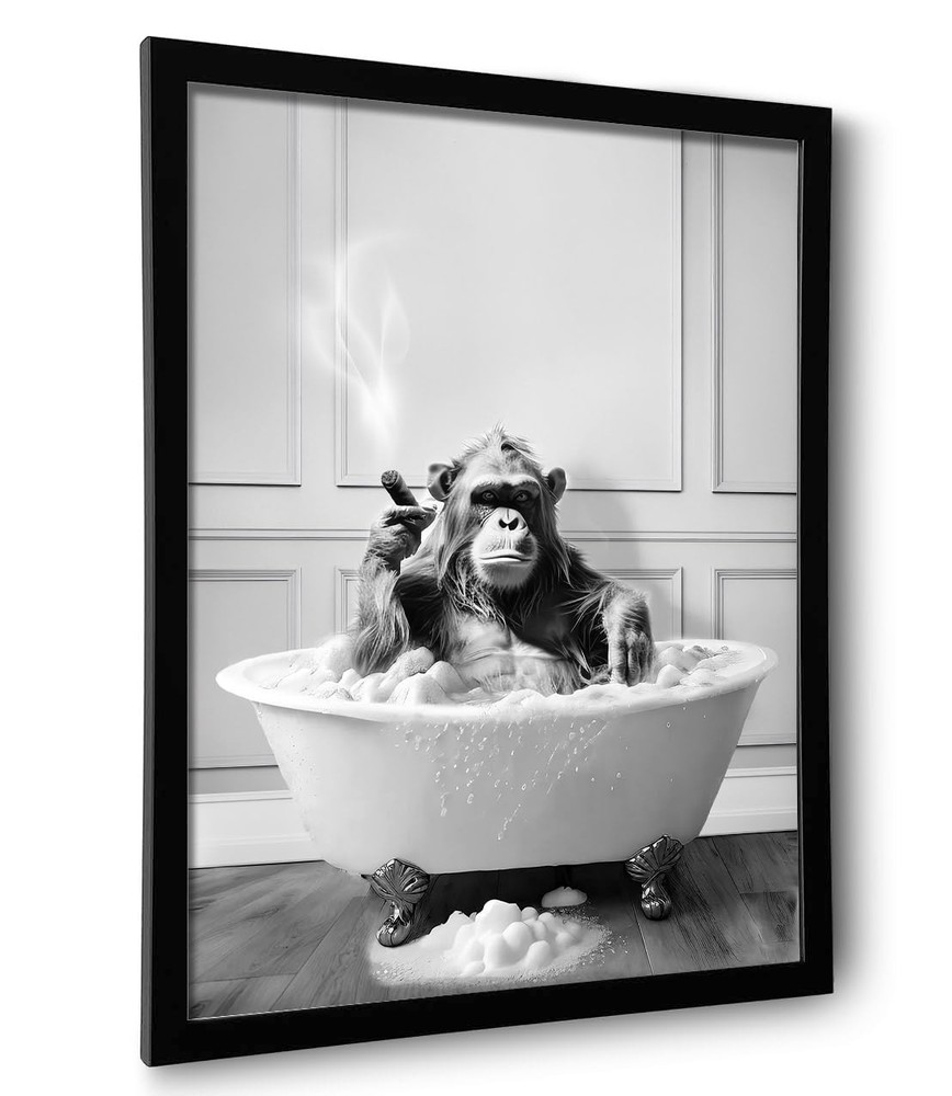 Framed Bathroom Decor Wall Art, Chimpanzee in Bathtub, Black and White Wall A…