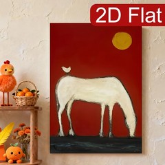 White Horse with Red Background and Bird Canvas Wall Art, Abstract Folk Decor