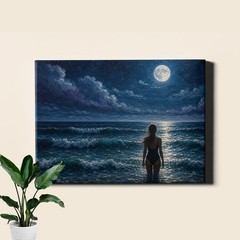 Moonlit Ocean Woman Silhouette Canvas Print full moon seascape decor
