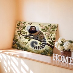 Whimsical Small Monkey on Branch with Detailed Foliage House Wall Art Print