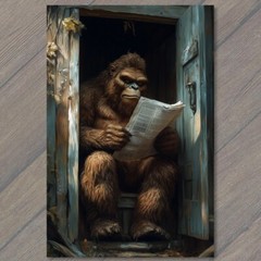 Art Print Funny Bigfoot Sasquatch Newspaper Outhouse Cabin Woods Cryptid Humor