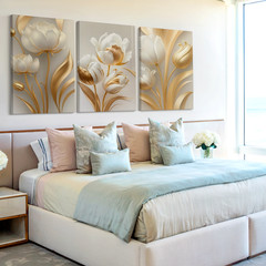 3 Pieces Elegant Gold White Tulips Large Wall Art Set for Bedroom Set Of 3