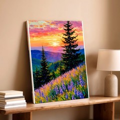 Mountain Sunrise Balcony Woman Dog Landscape Painting Canvas Bedroom House Print
