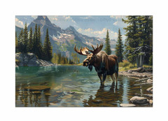 Moose Wall Art Canvas Print,Mountain Lake Landscape in Oil Painting Style Decor
