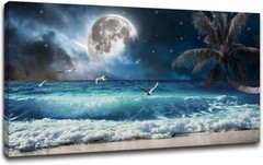 Yxbhhym Moon Ocean Blue Beach Wall Art Seascape Painting Sea Canvas Poster