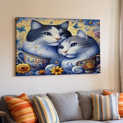 Blue and White Cats in Colorful Teacups with Flowers and Butterfly Canvas Art