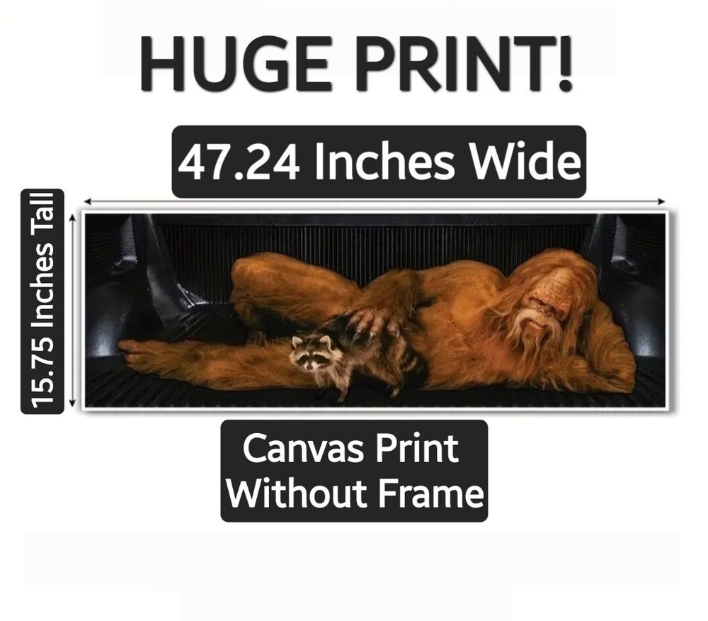 Bigfoot with Raccoon – Unframed Canvas Print – 48″ x 16″ – HARRY – Saskwatch