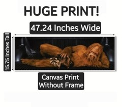 Bigfoot with Raccoon – Unframed Canvas Print – 48″ x 16″ – HARRY – Saskwatch