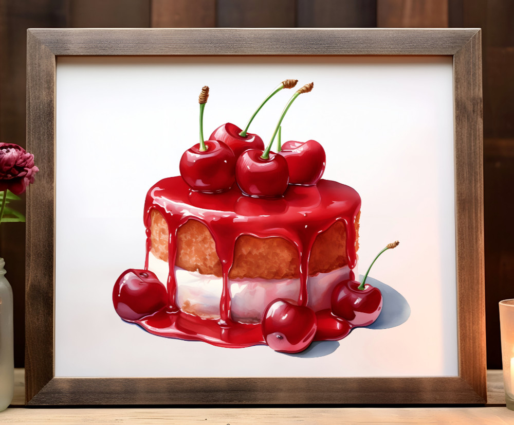 Cherry Cake Wall Art Print, Cherry Cake, Wall Art Decor, Kitchen Art Print #98