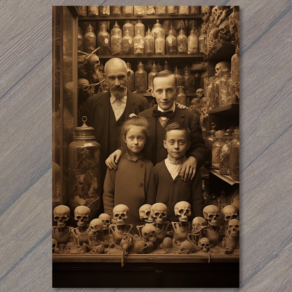 Art Print Weird Creepy Skeleton Store Family Boy Girl Halloween Cult Kids