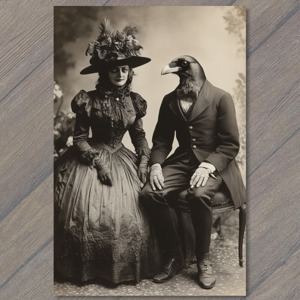 Art Print Victorian Crows Vintage Clothing Gothic Dark Couple Formal Wear Weird