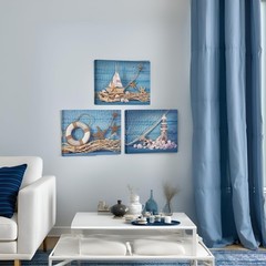 Beach Canvas Wall Art 12x16in 3 Piece Seashell Starfish Blue Board – Coastal