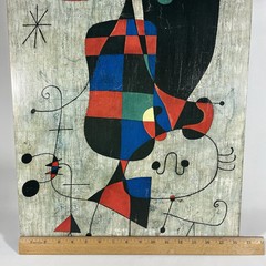 Vintage Joan Miro Figures & Dog Print Wood Mounted Art MCM Wall Decor 24″x16″