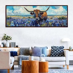 Texas Longhorn Wall Art Rustic Bluebonnet Flowers Extra Large Canvas
