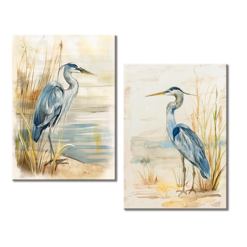 Set of 2 Blue Heron Abstract Canvas Wall Art for Rustic Home Decor