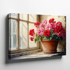 Red and Pink Geraniums in Pot by Window Canvas Wall Art Decor Print Canvas Print