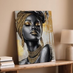 Elegant African Woman Wall Art Canvas Gold Accents Black Gray Modern Decor Print