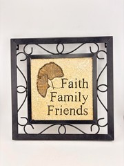 “Faith, Family, Friends” Wall Art Stone Tile Framed Ornate 9” Square